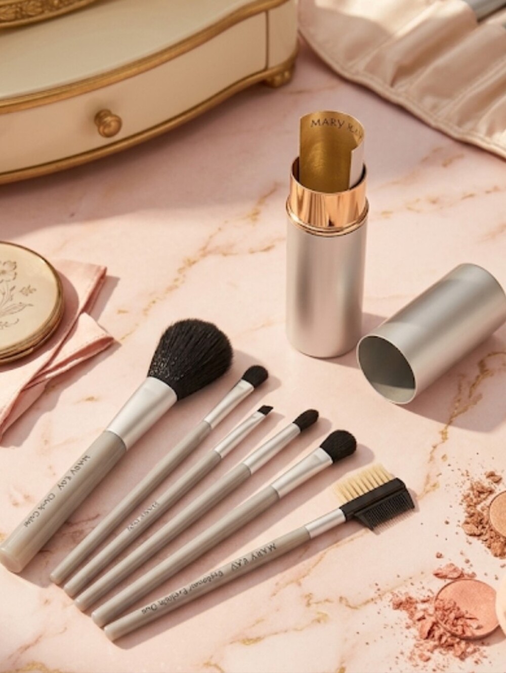 Mary Kay Silver Travel Makeup Brush Set with Compact Case